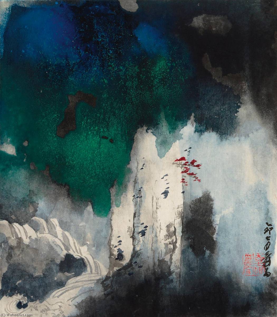 WikiOO.org - אנציקלופדיה לאמנויות יפות - ציור, יצירות אמנות Zhang Daqian - CASCADES IN LUSH MOUNTAINS
