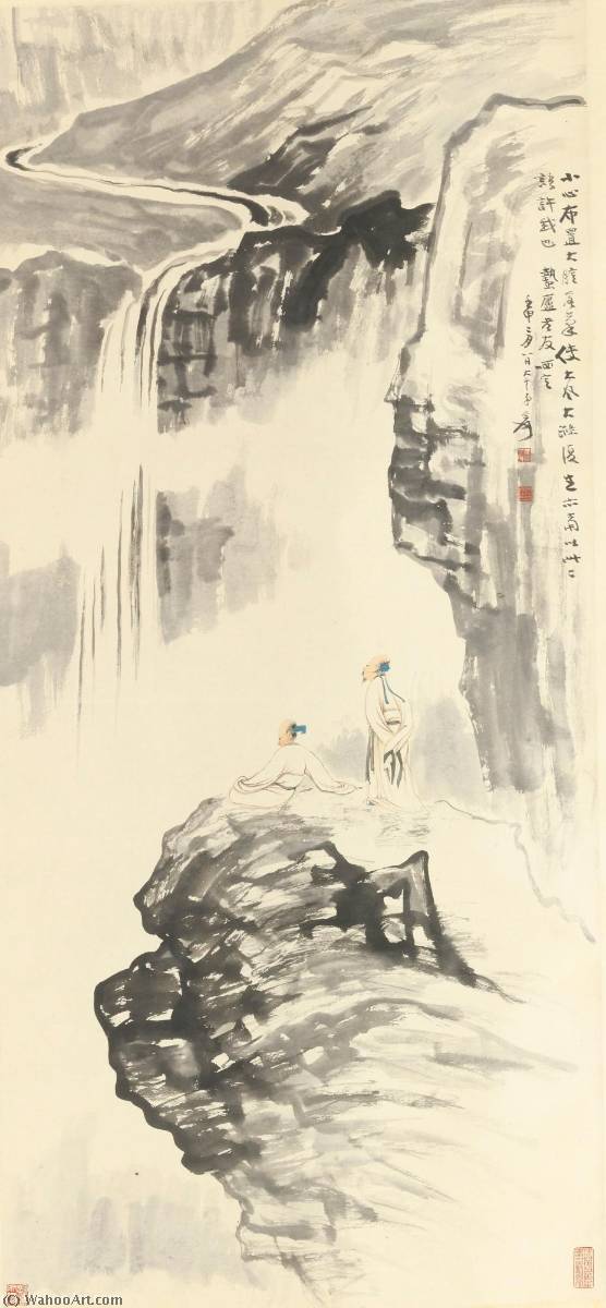 Wikoo.org - موسوعة الفنون الجميلة - اللوحة، العمل الفني Zhang Daqian - WATCHING THE WATERFALL