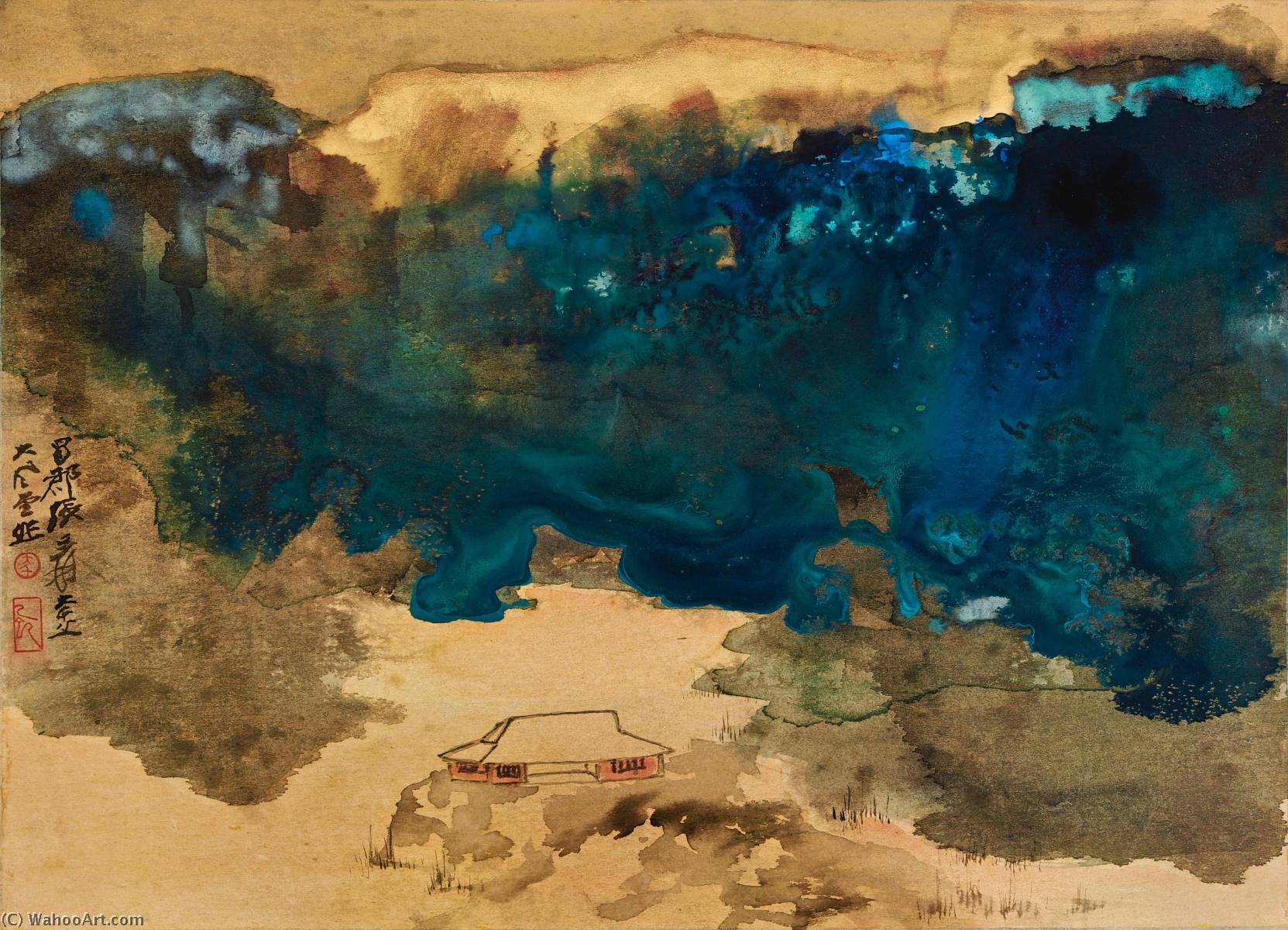 WikiOO.org - Encyclopedia of Fine Arts - Lukisan, Artwork Zhang Daqian - EVENING GLOW ON THE WINTER POND