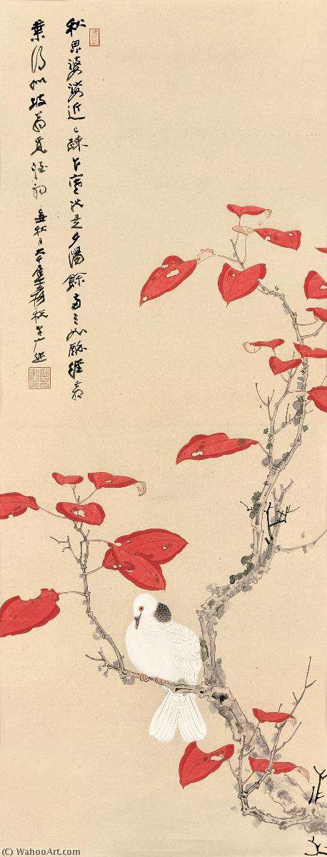 Wikioo.org - The Encyclopedia of Fine Arts - Painting, Artwork by Zhang Daqian - WHITE DOVE AND RED LEAVES
