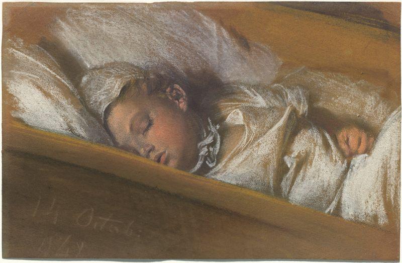 Wikioo.org - The Encyclopedia of Fine Arts - Painting, Artwork by Adolph Menzel - An Infant Asleep in His Crib