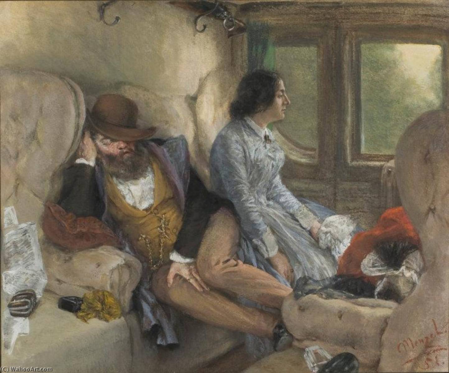 Wikioo.org - The Encyclopedia of Fine Arts - Painting, Artwork by Adolph Menzel - The morning after an overnight journey on the railway