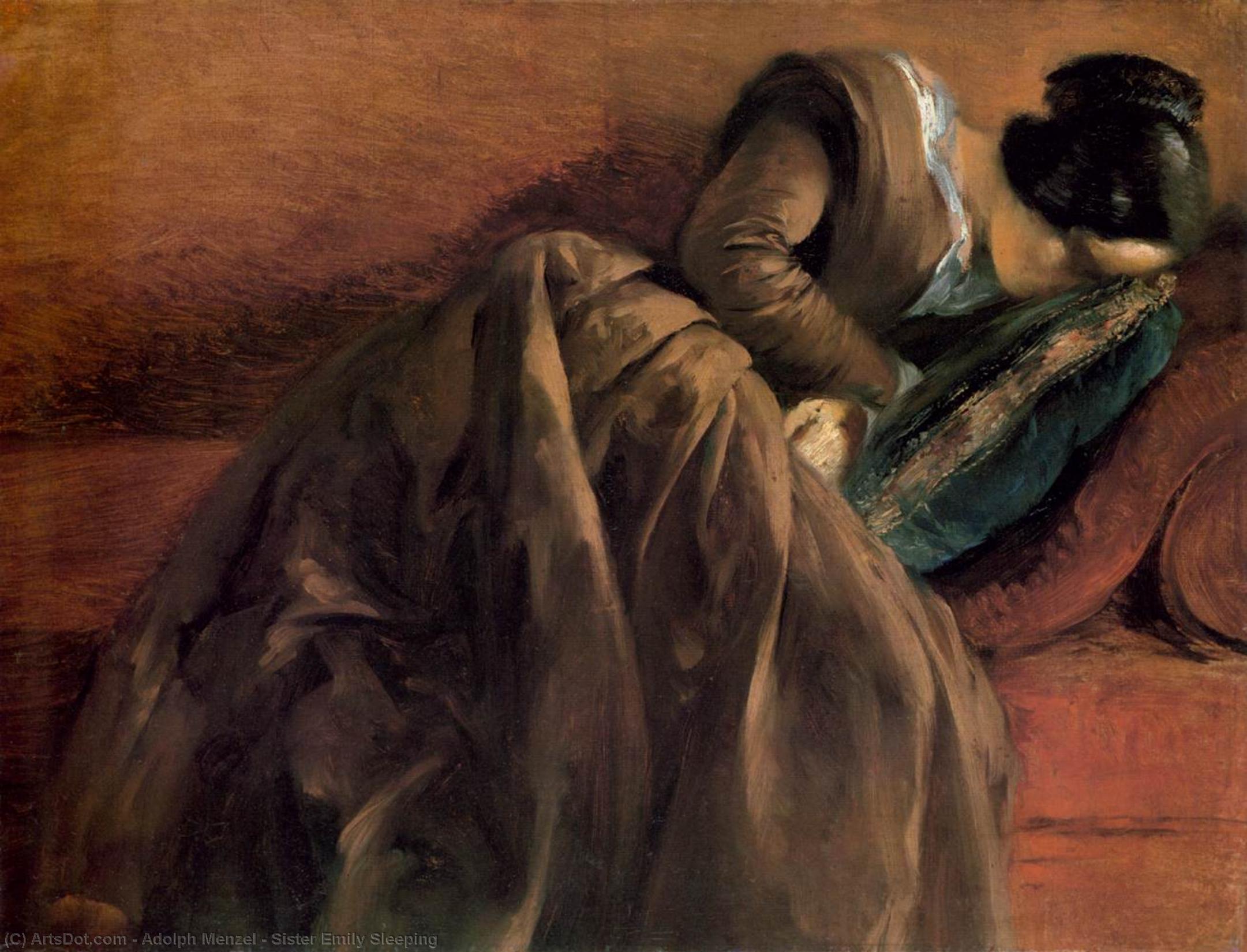 Wikioo.org - The Encyclopedia of Fine Arts - Painting, Artwork by Adolph Menzel - Sister Emily Sleeping