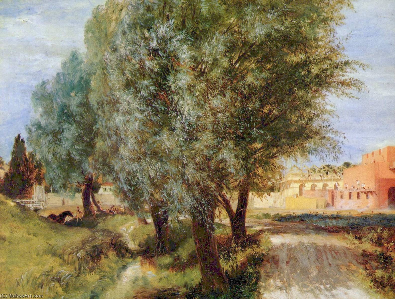 WikiOO.org – 美術百科全書 - 繪畫，作品 Adolph Menzel - 施工 现场  与  柳树