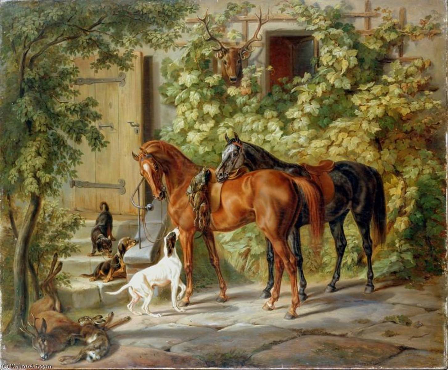 Wikioo.org - The Encyclopedia of Fine Arts - Painting, Artwork by Adam Albrecht - Horses by the Porch