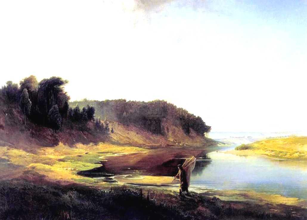 Wikioo.org - The Encyclopedia of Fine Arts - Painting, Artwork by Alexei Kondratyevich Savrasov - Landscape with a River and an Angler