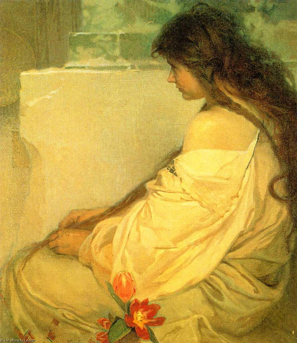 WikiOO.org - Encyclopedia of Fine Arts - Schilderen, Artwork Alfons Maria Mucha - Girl with Loose Hair and Tulips