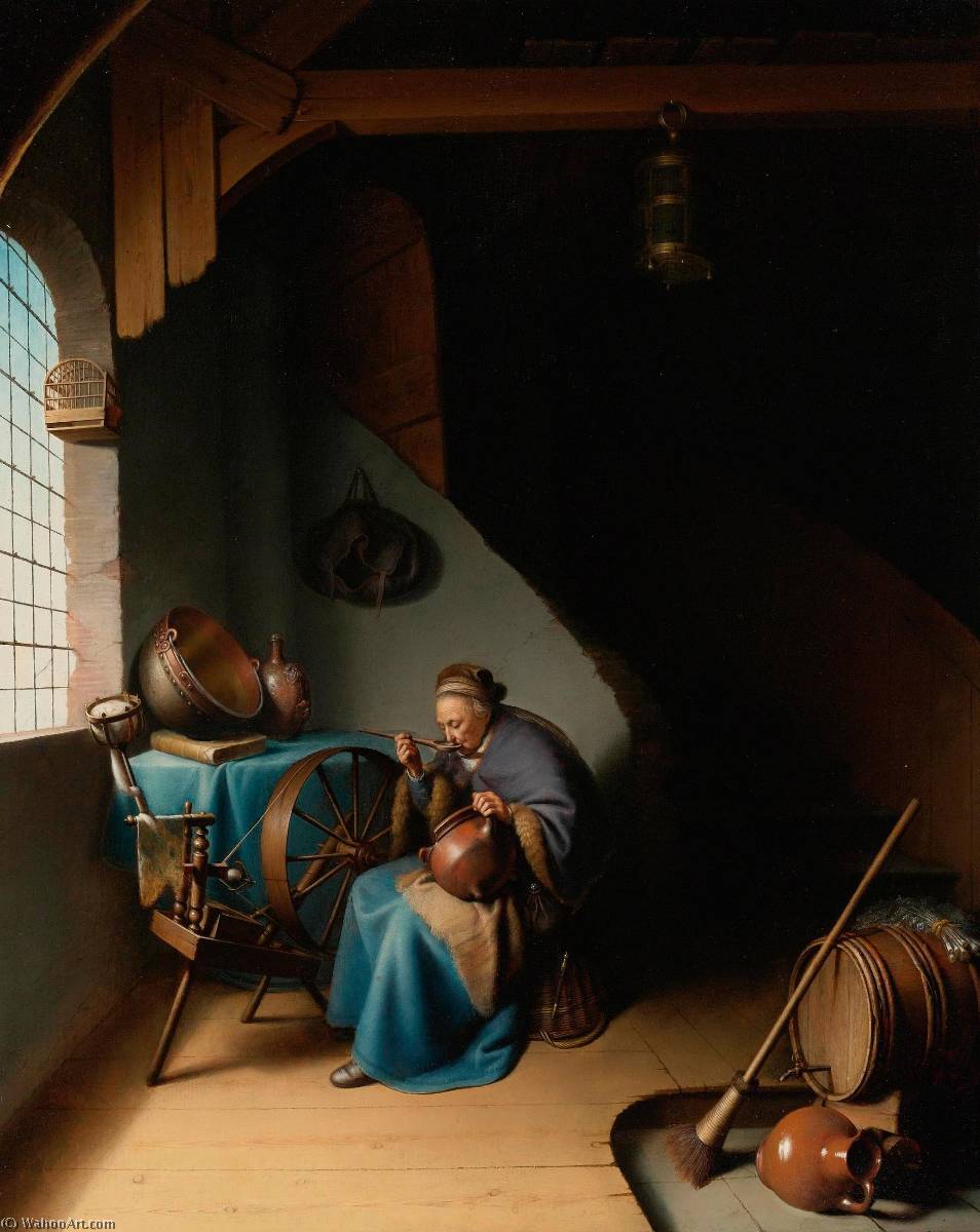 Wikioo.org - The Encyclopedia of Fine Arts - Painting, Artwork by Gerrit (Gérard) Dou - An Elderly Woman, Seated by a Window at her Spinning Wheel, Eating Porridge