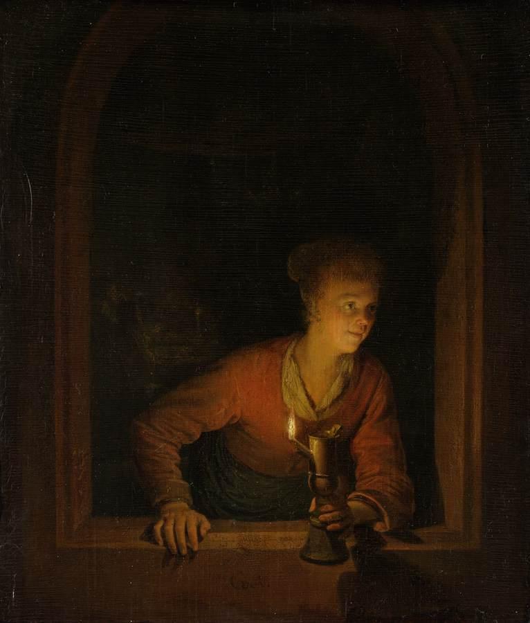 Wikioo.org - The Encyclopedia of Fine Arts - Painting, Artwork by Gerrit (Gérard) Dou - Girl with Burning Oil Lamp