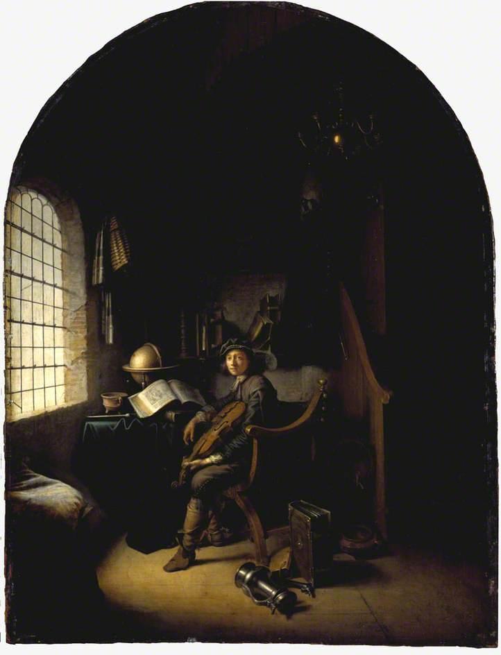 Wikioo.org - The Encyclopedia of Fine Arts - Painting, Artwork by Gerrit (Gérard) Dou - An Interior with a Young Violinist