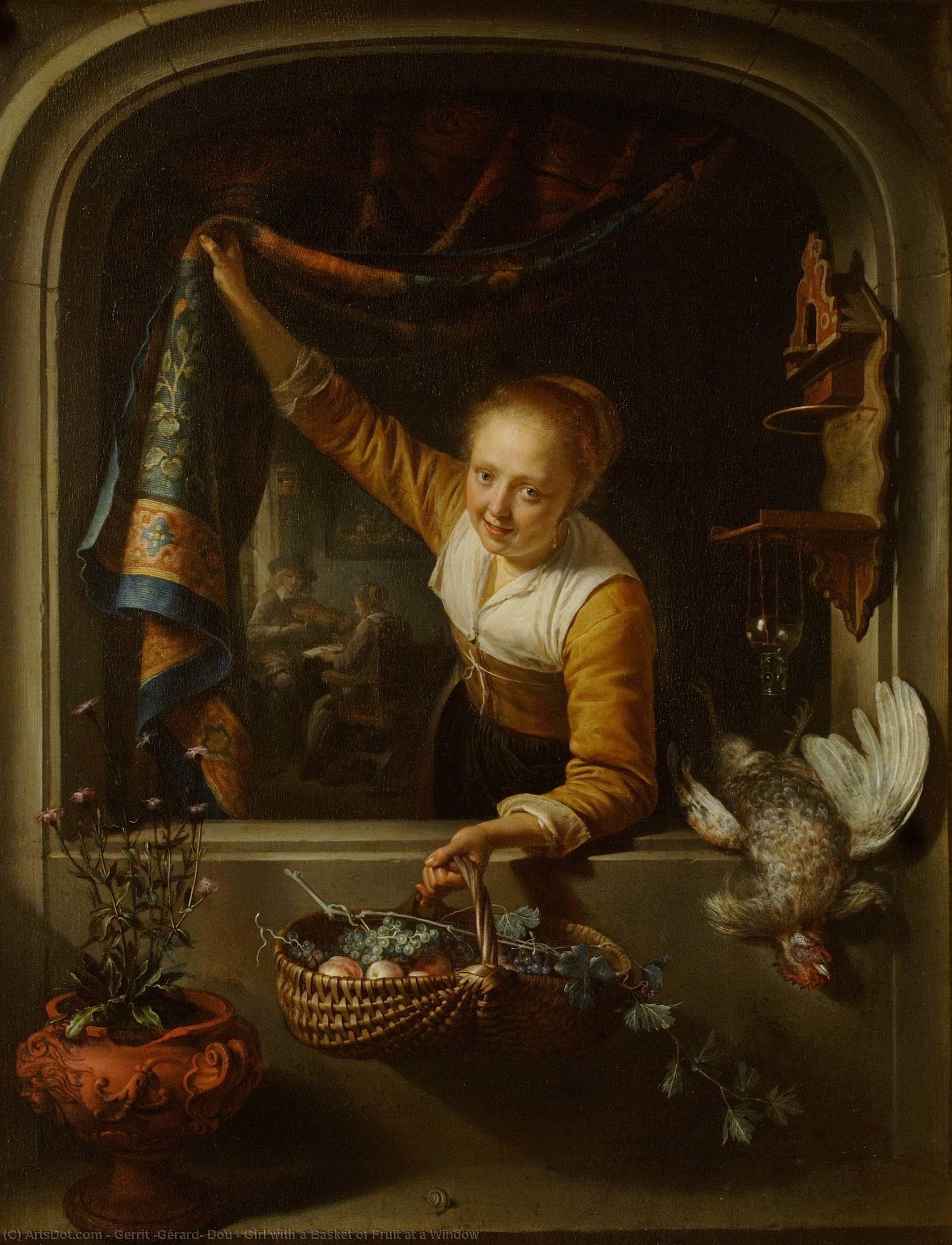 WikiOO.org - Encyclopedia of Fine Arts - Maleri, Artwork Gerrit (Gérard) Dou - Girl with a Basket of Fruit at a Window