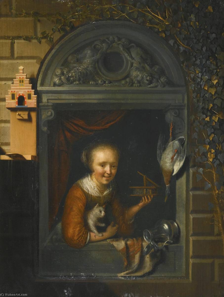 Wikioo.org - The Encyclopedia of Fine Arts - Painting, Artwork by Gerrit (Gérard) Dou - A young girl at a window ledge with a cat and a mouse trap, a hung duck and a pewter ewer beside her