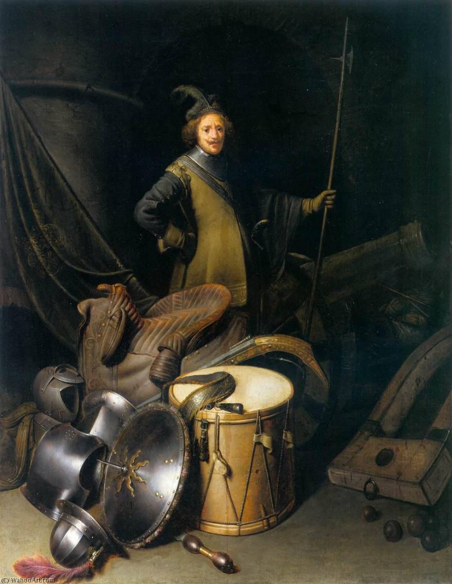 Wikioo.org - The Encyclopedia of Fine Arts - Painting, Artwork by Gerrit (Gérard) Dou - A Soldier of the Leiden Civic Guard with an Arms Still Life