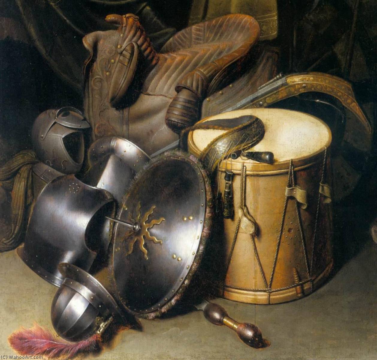 Wikioo.org - The Encyclopedia of Fine Arts - Painting, Artwork by Gerrit (Gérard) Dou - A Soldier of the Leiden Civic Guard with an Arms Still Life (detail)