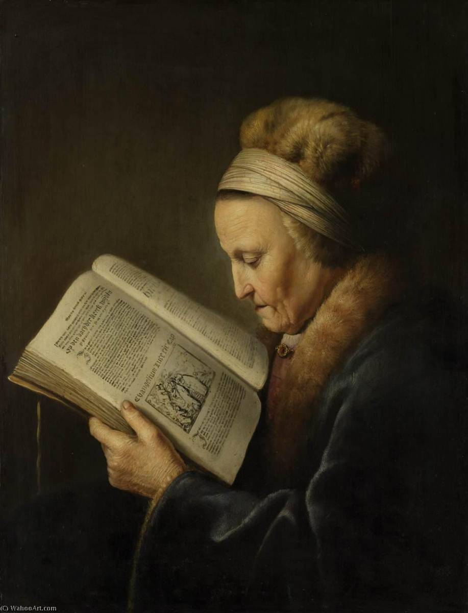 Wikioo.org - The Encyclopedia of Fine Arts - Painting, Artwork by Gerrit (Gérard) Dou - Old Woman Reading a Bible
