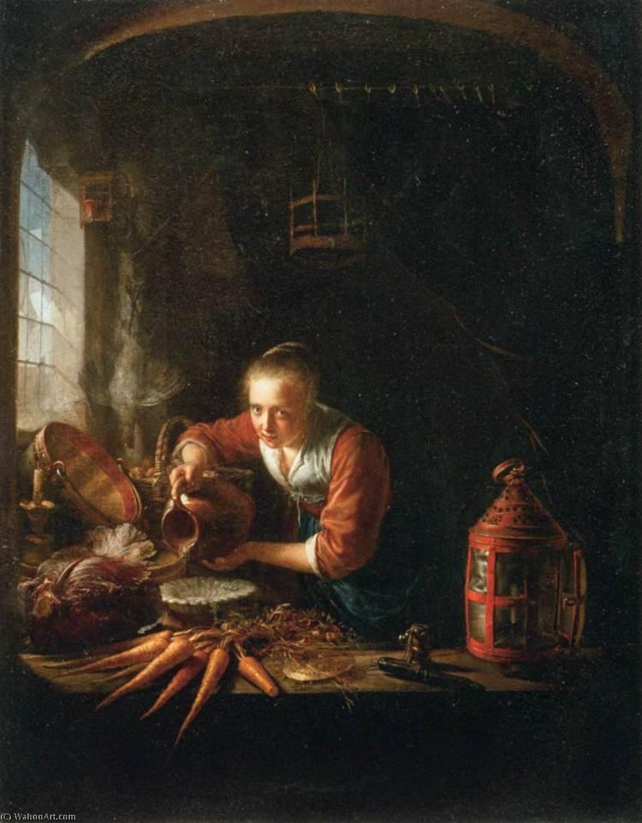 WikiOO.org - Enciklopedija dailės - Tapyba, meno kuriniai Gerrit (Gérard) Dou - Woman Pouring Water into a Jar