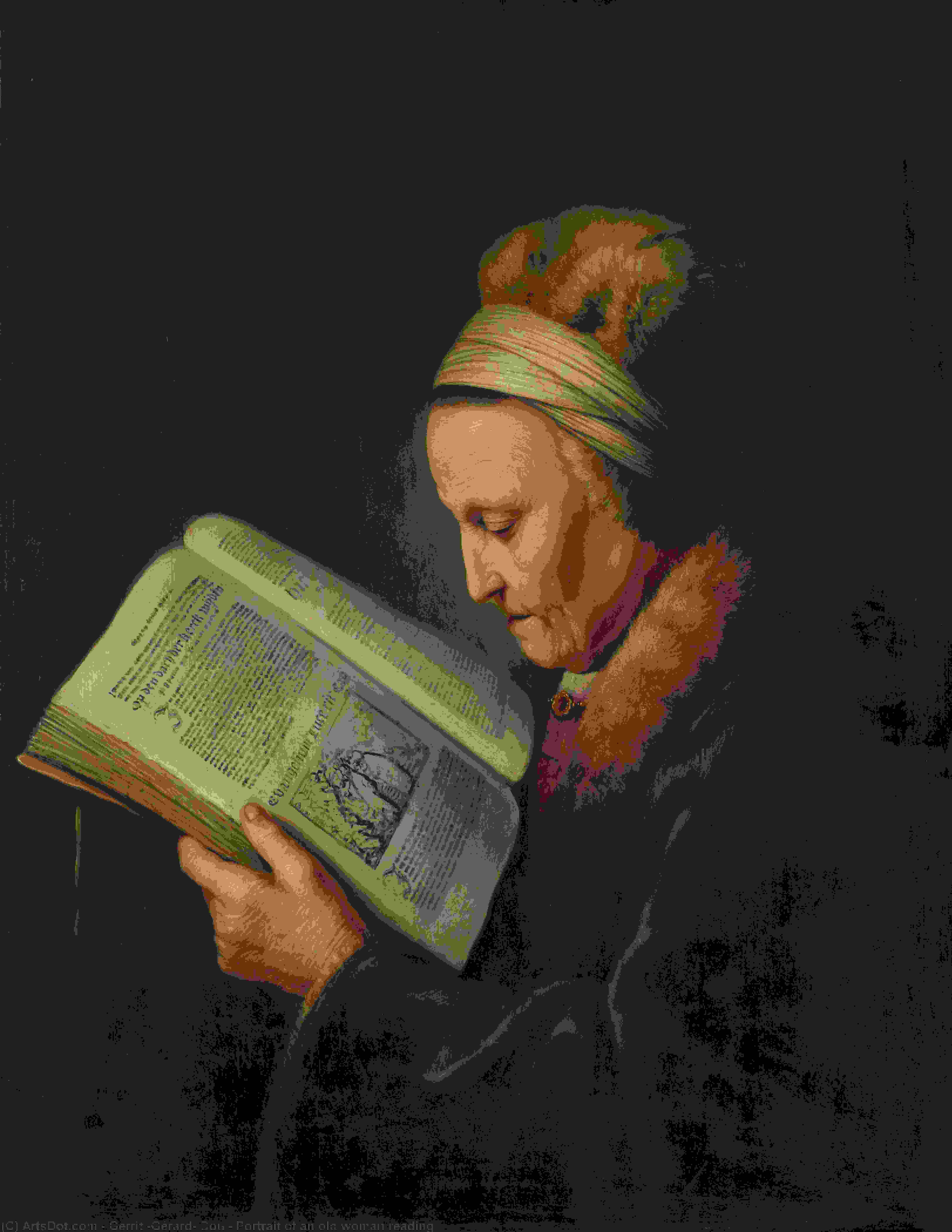 Wikioo.org - The Encyclopedia of Fine Arts - Painting, Artwork by Gerrit (Gérard) Dou - Portrait of an old woman reading
