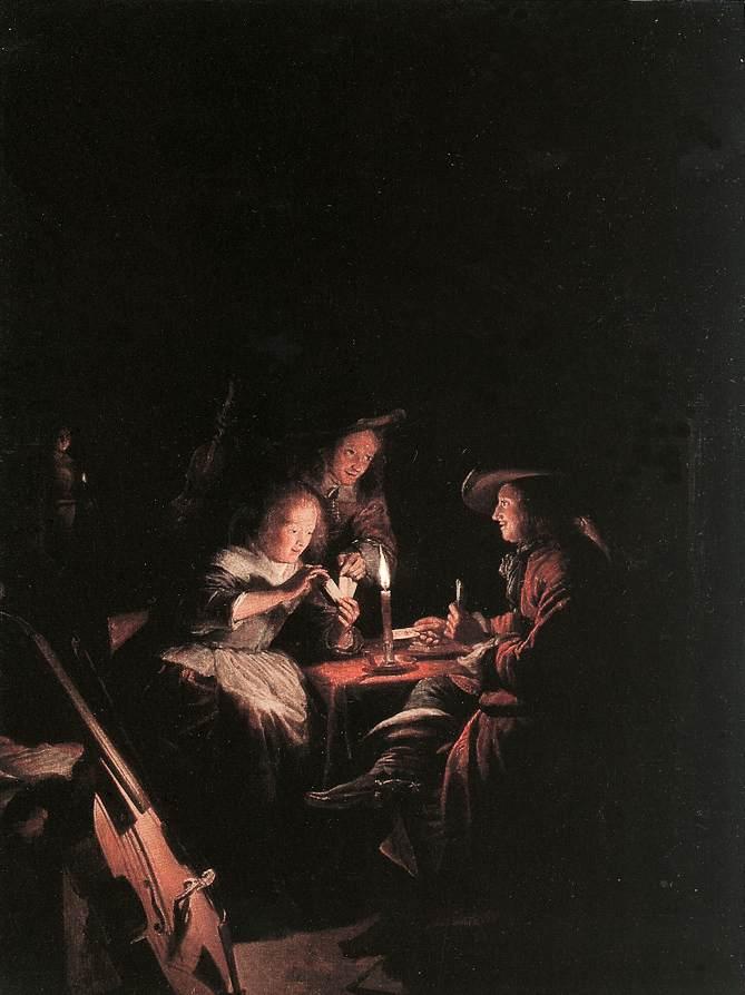 Wikioo.org – La Enciclopedia de las Bellas Artes - Pintura, Obras de arte de Gerrit (Gérard) Dou - Jugadores de cartas a  luz de una vela