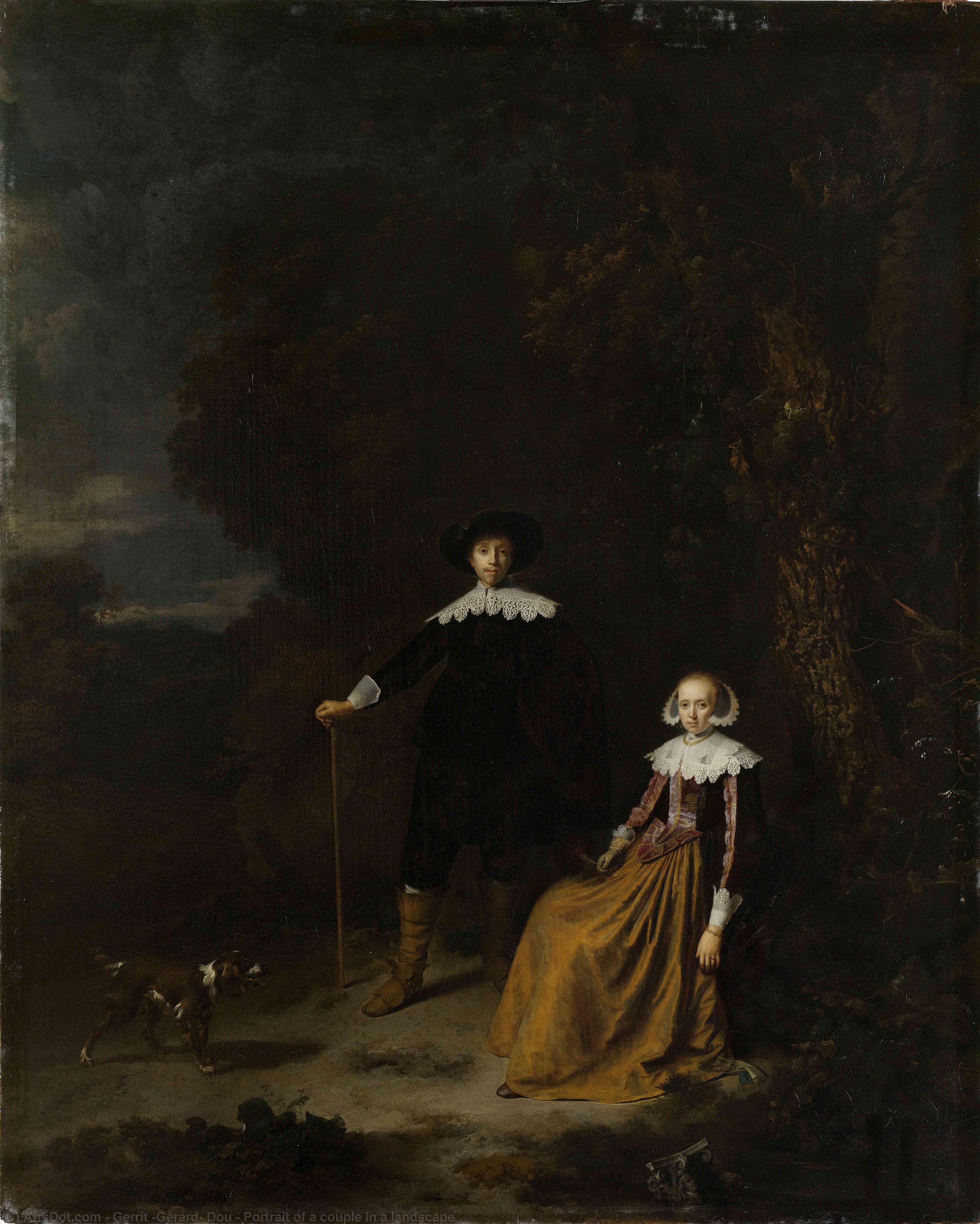 Wikioo.org - The Encyclopedia of Fine Arts - Painting, Artwork by Gerrit (Gérard) Dou - Portrait of a couple in a landscape