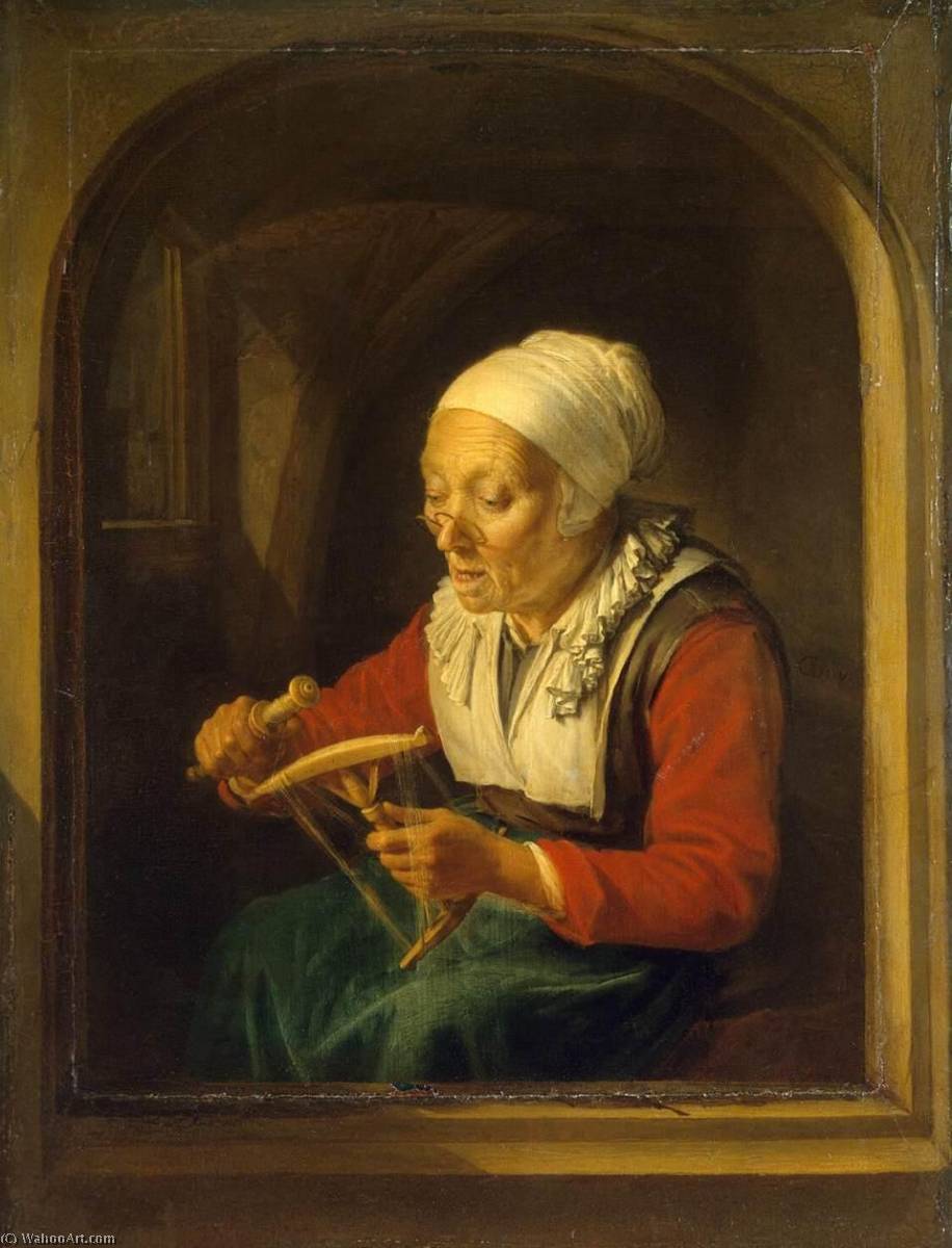 WikiOO.org - Εγκυκλοπαίδεια Καλών Τεχνών - Ζωγραφική, έργα τέχνης Gerrit (Gérard) Dou - Old Woman Unreeling Threads