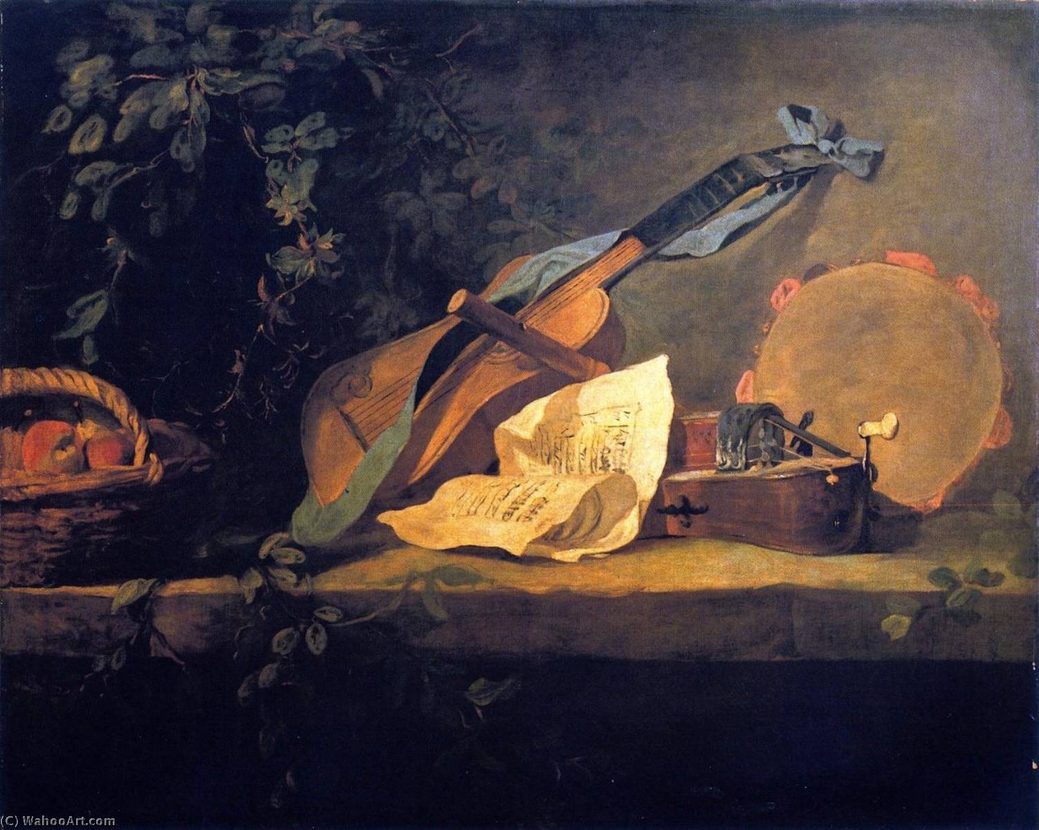 Wikioo.org - The Encyclopedia of Fine Arts - Painting, Artwork by Jean-Baptiste Simeon Chardin - Musical Instruments and Basket of Fruit