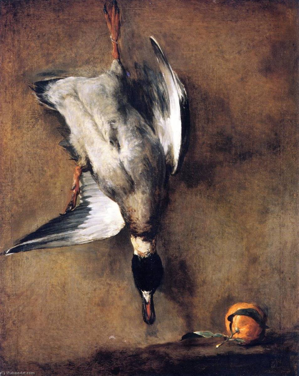 Wikioo.org - The Encyclopedia of Fine Arts - Painting, Artwork by Jean-Baptiste Simeon Chardin - A Mallard Drake Hanging on a Wall and a Seville Orange