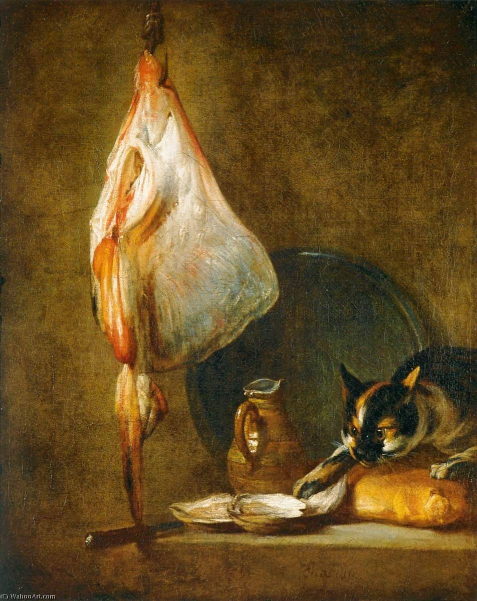 Wikioo.org – La Enciclopedia de las Bellas Artes - Pintura, Obras de arte de Jean-Baptiste Simeon Chardin - bodegón con el gato  asícomo  Pez raya