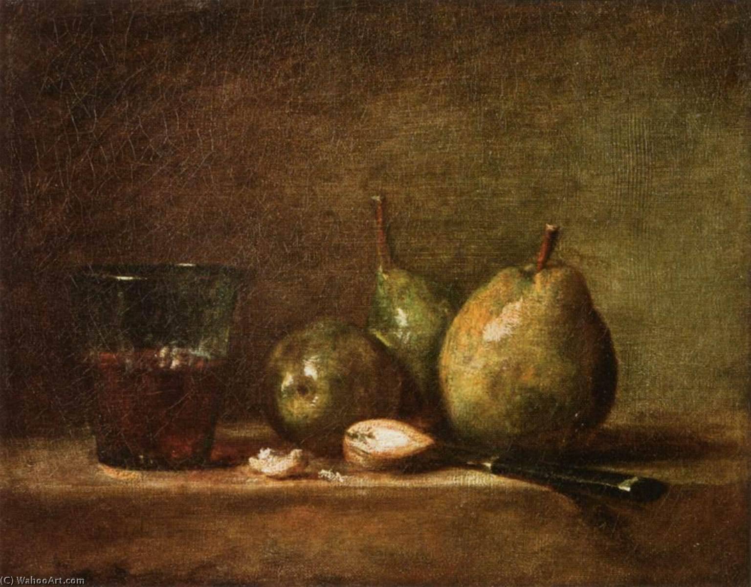 Wikioo.org – La Enciclopedia de las Bellas Artes - Pintura, Obras de arte de Jean-Baptiste Simeon Chardin - Peras Nueces  asícomo  vidrio  todaclasede  vino