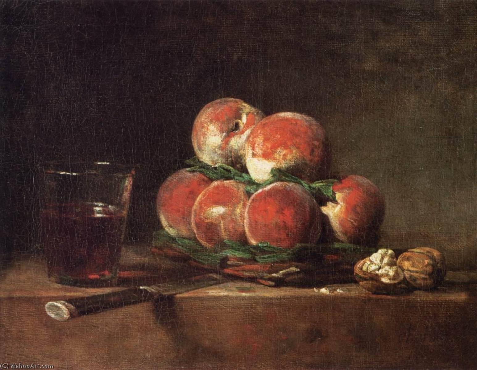 Wikioo.org - Bách khoa toàn thư về mỹ thuật - Vẽ tranh, Tác phẩm nghệ thuật Jean-Baptiste Simeon Chardin - Basket of Peaches, with Walnuts, Knife and Glass of Wine