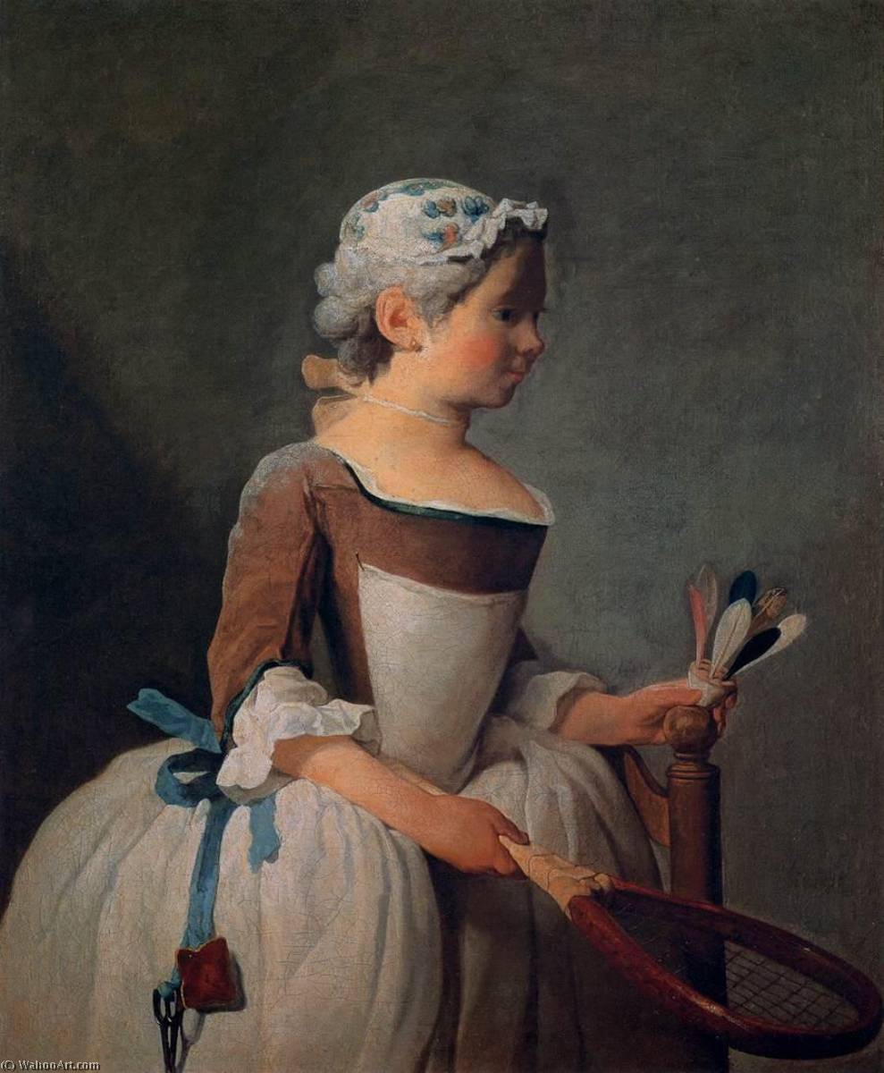 WikiOO.org - 百科事典 - 絵画、アートワーク Jean-Baptiste Simeon Chardin - ラケットとシャトルコックを持つ少女