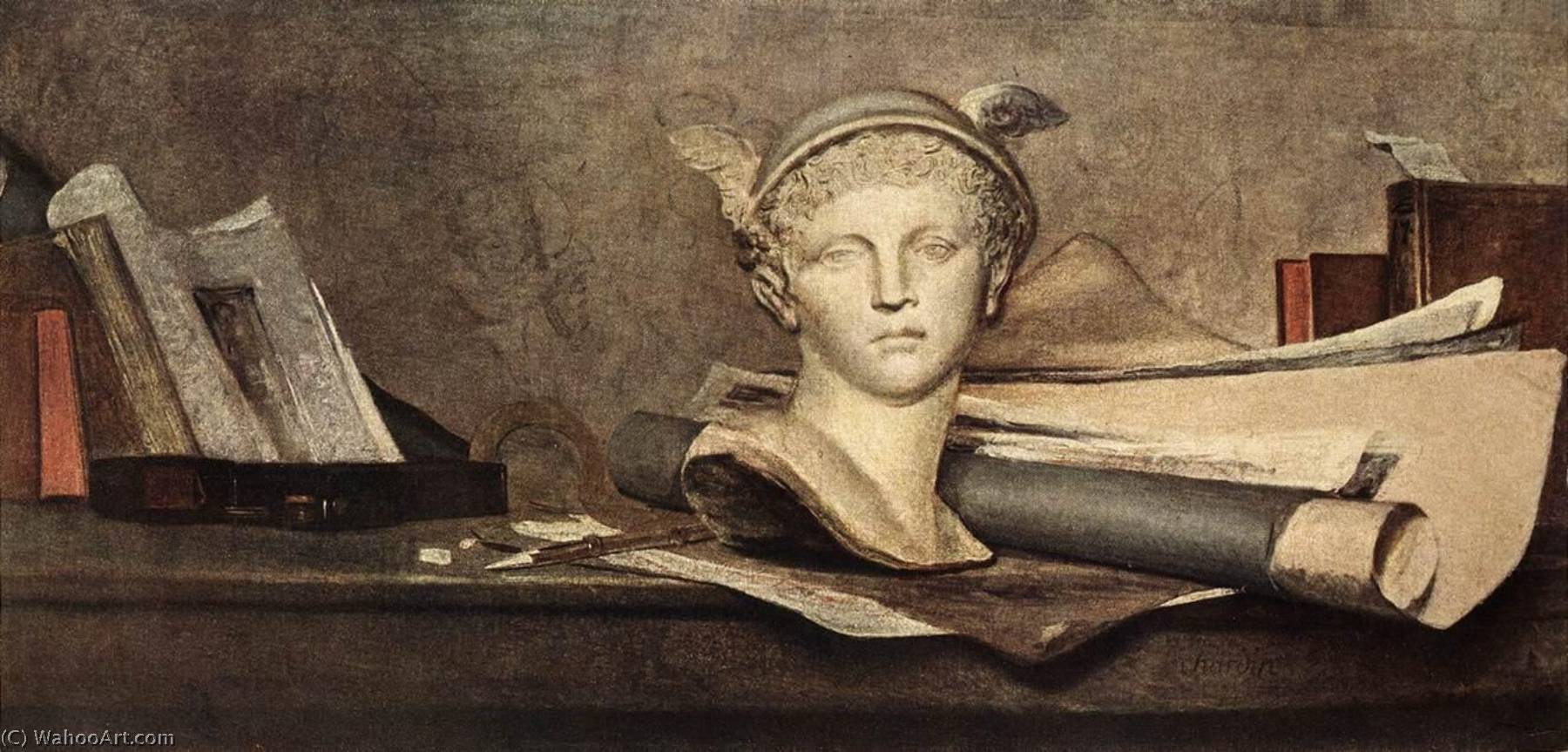 Wikioo.org – L'Encyclopédie des Beaux Arts - Peinture, Oeuvre de Jean-Baptiste Simeon Chardin - les attributs des arts avec un buste de mercure