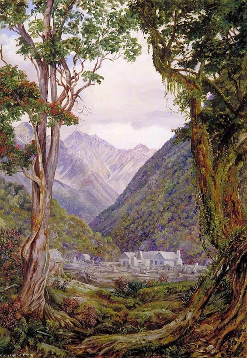 WikiOO.org - Enciklopedija dailės - Tapyba, meno kuriniai Marianne North - Entrance to the Otira Gorge, New Zealand