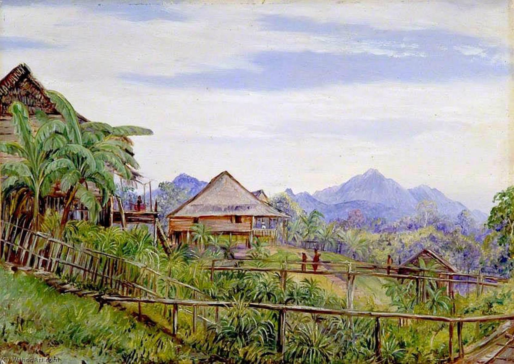 WikiOO.org - אנציקלופדיה לאמנויות יפות - ציור, יצירות אמנות Marianne North - Houses and Bridges of the Malays at Sarawak, Borneo