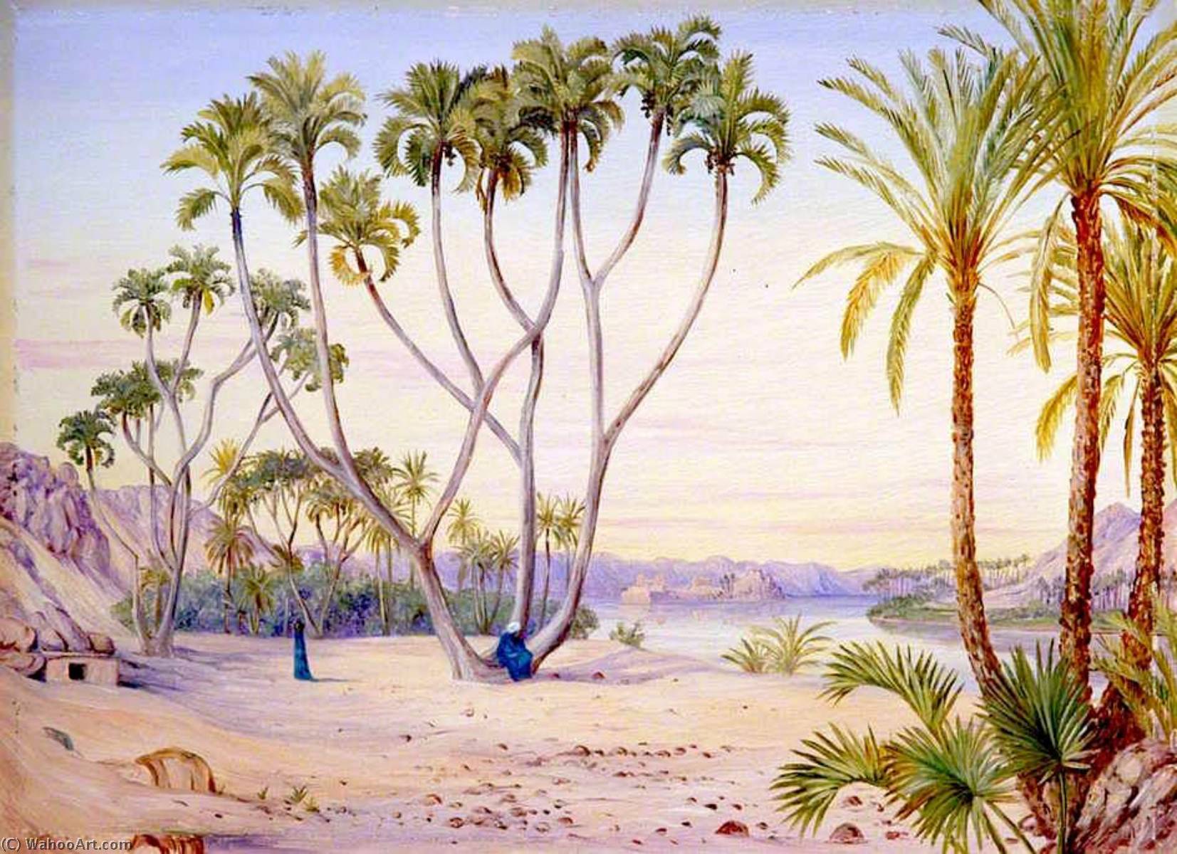 Wikioo.org - The Encyclopedia of Fine Arts - Painting, Artwork by Marianne North - Doum and Date Palms on the Nile above Philae, Egypt