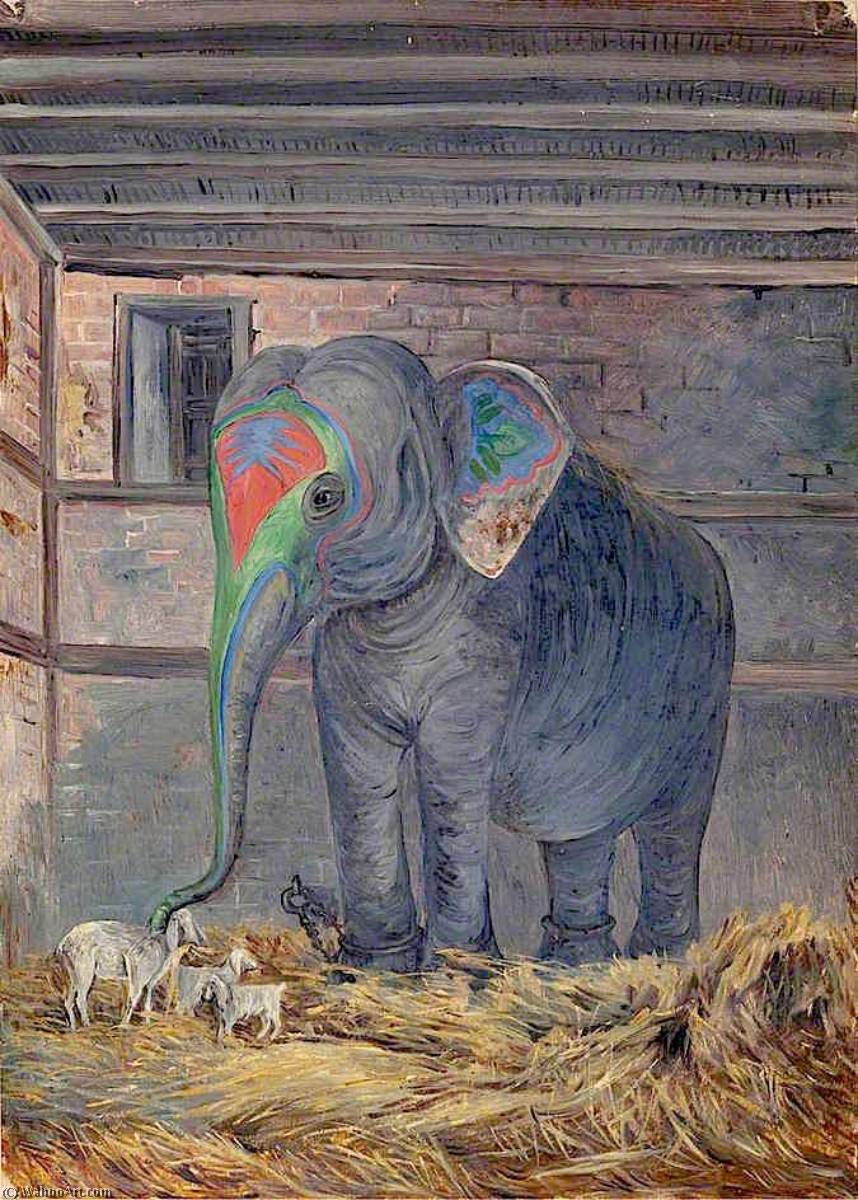 Wikioo.org – L'Enciclopedia delle Belle Arti - Pittura, Opere di Marianne North - famoso elefante con animale domestico Capra , Bhavnagar , Gujarat , L'india
