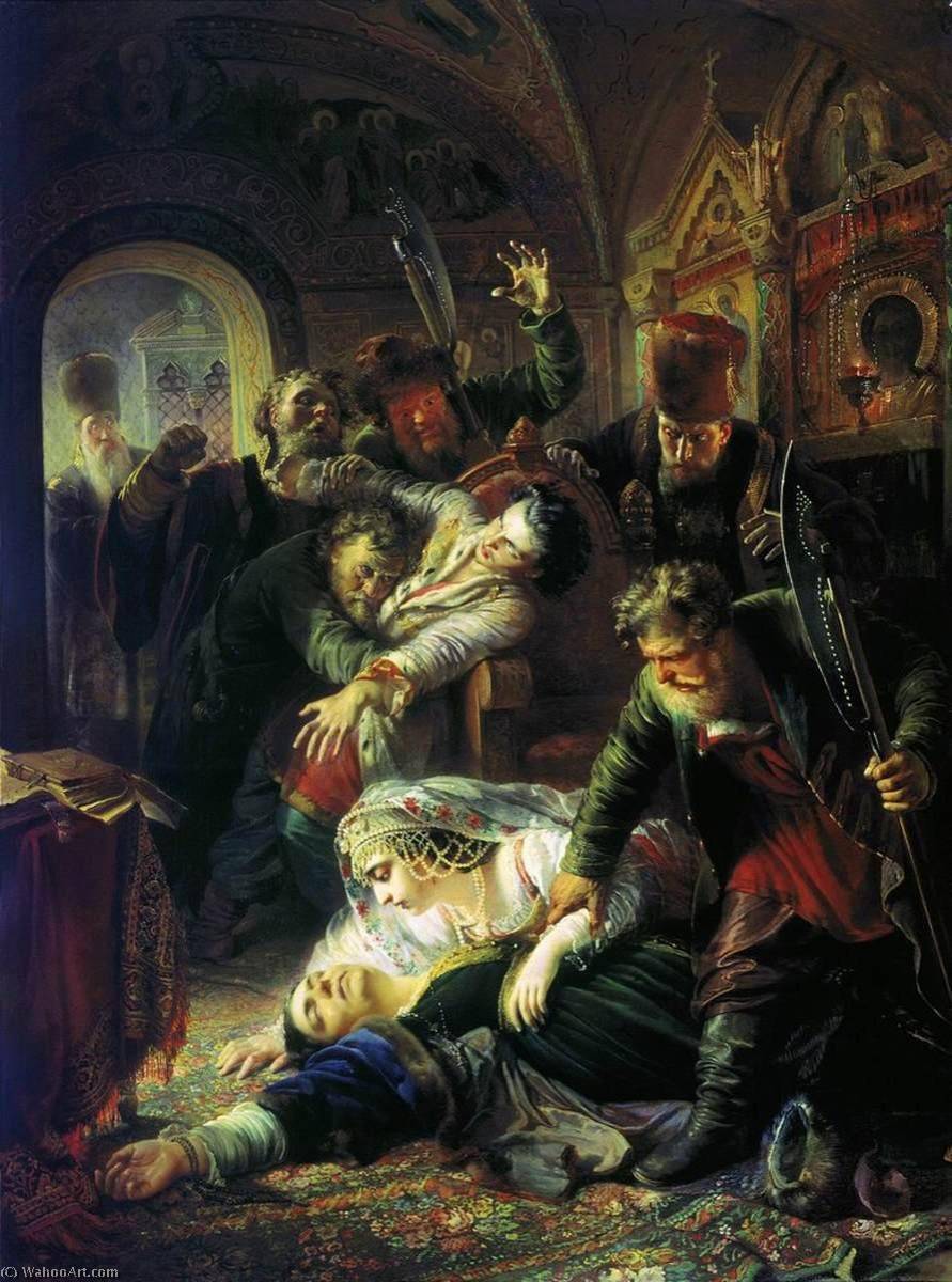 Wikioo.org - The Encyclopedia of Fine Arts - Painting, Artwork by Konstantin Yegorovich Makovsky - False Dmitry's Agents Murdering Feodor Godunov and his Mother