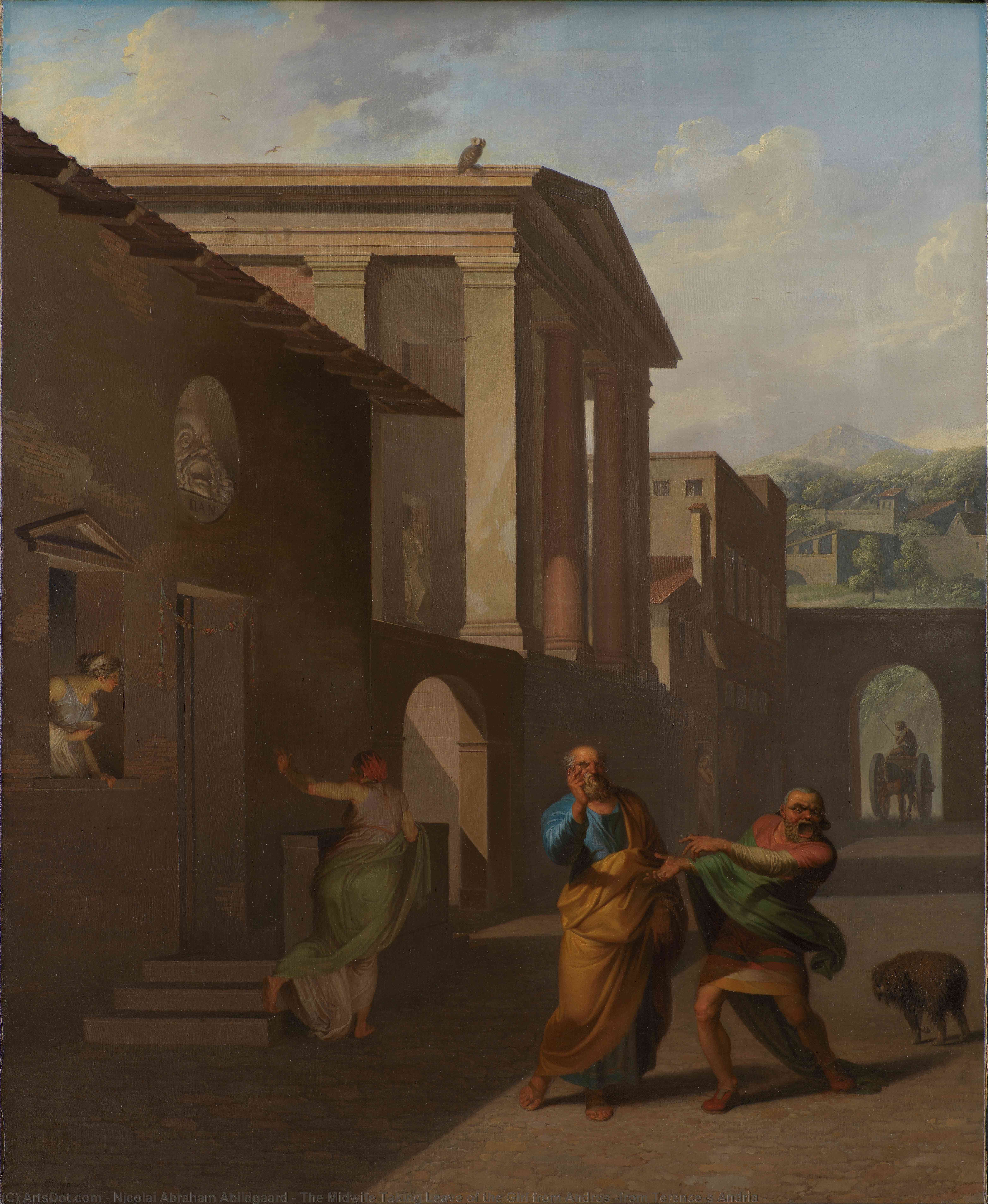 Wikioo.org - The Encyclopedia of Fine Arts - Painting, Artwork by Nicolai Abraham Abildgaard - The Midwife Taking Leave of the Girl from Andros (from Terence's Andria )