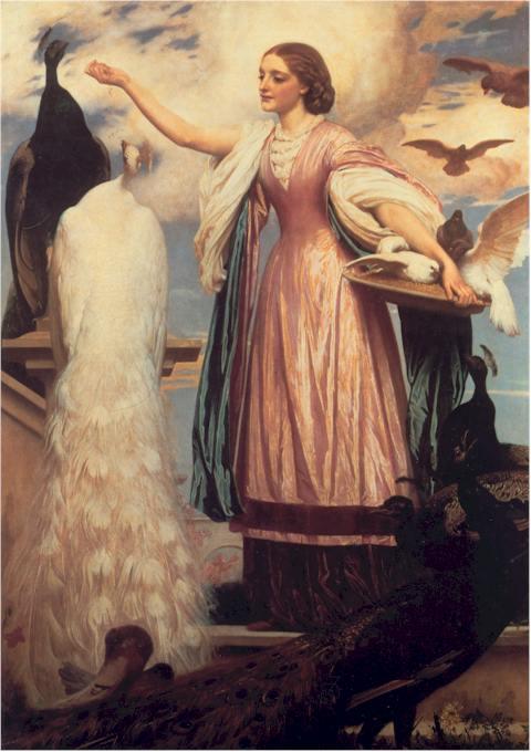 Wikioo.org - The Encyclopedia of Fine Arts - Painting, Artwork by Lord Frederic Leighton - A Girl Feeding Peacocks