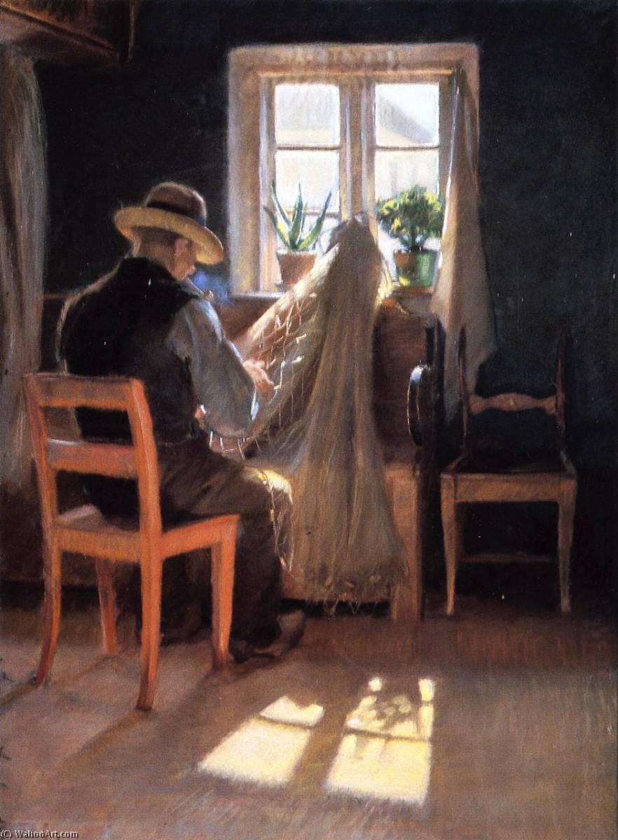 Wikioo.org – L'Encyclopédie des Beaux Arts - Peinture, Oeuvre de Anna Kirstine Ancher - Pêcheur Kraen Wollesen Mending the Net