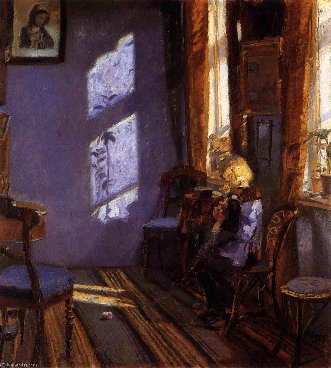 Wikioo.org - The Encyclopedia of Fine Arts - Painting, Artwork by Anna Kirstine Ancher - Sunlight in the Blue Room. Helga Ancher Knitting in her Grandmother's Room