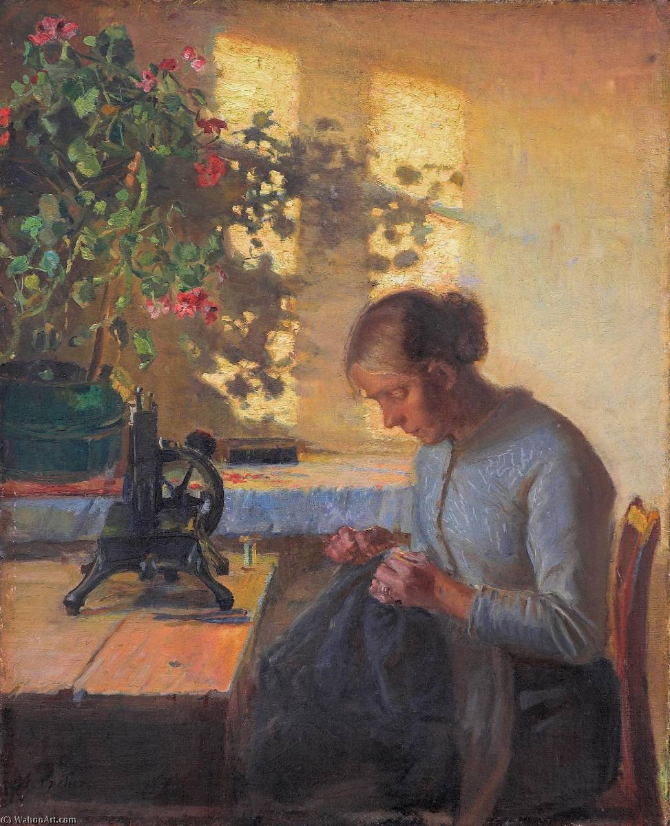 WikiOO.org - Enciclopédia das Belas Artes - Pintura, Arte por Anna Kirstine Ancher - Syende fiskerpige English Sewing fisherman's wife