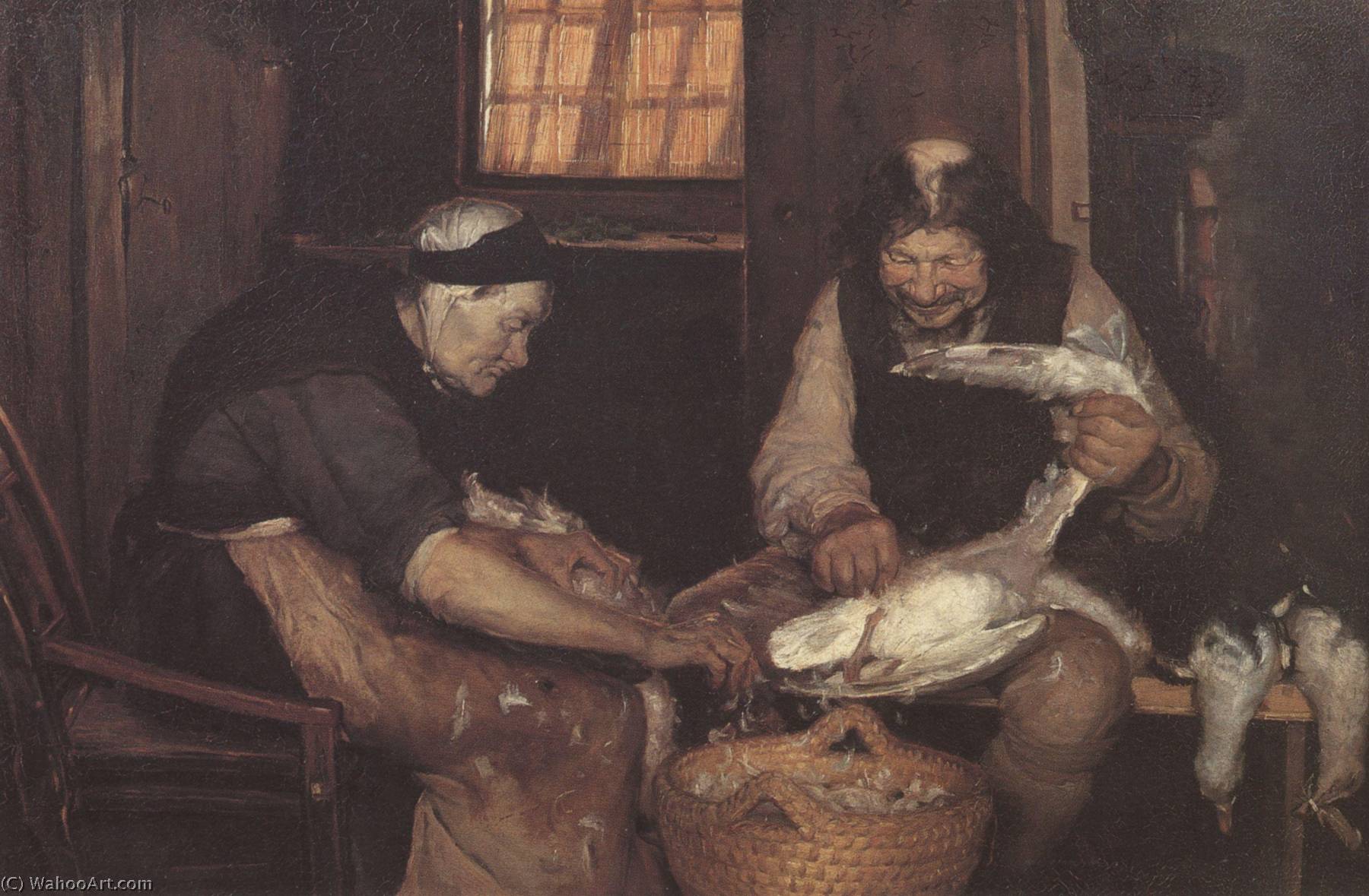 Wikioo.org - สารานุกรมวิจิตรศิลป์ - จิตรกรรม Anna Kirstine Ancher - Dansk To gamle, der plukker måger Deutsch Zwei Alte rupfen Möwen English Two old people plucking gulls