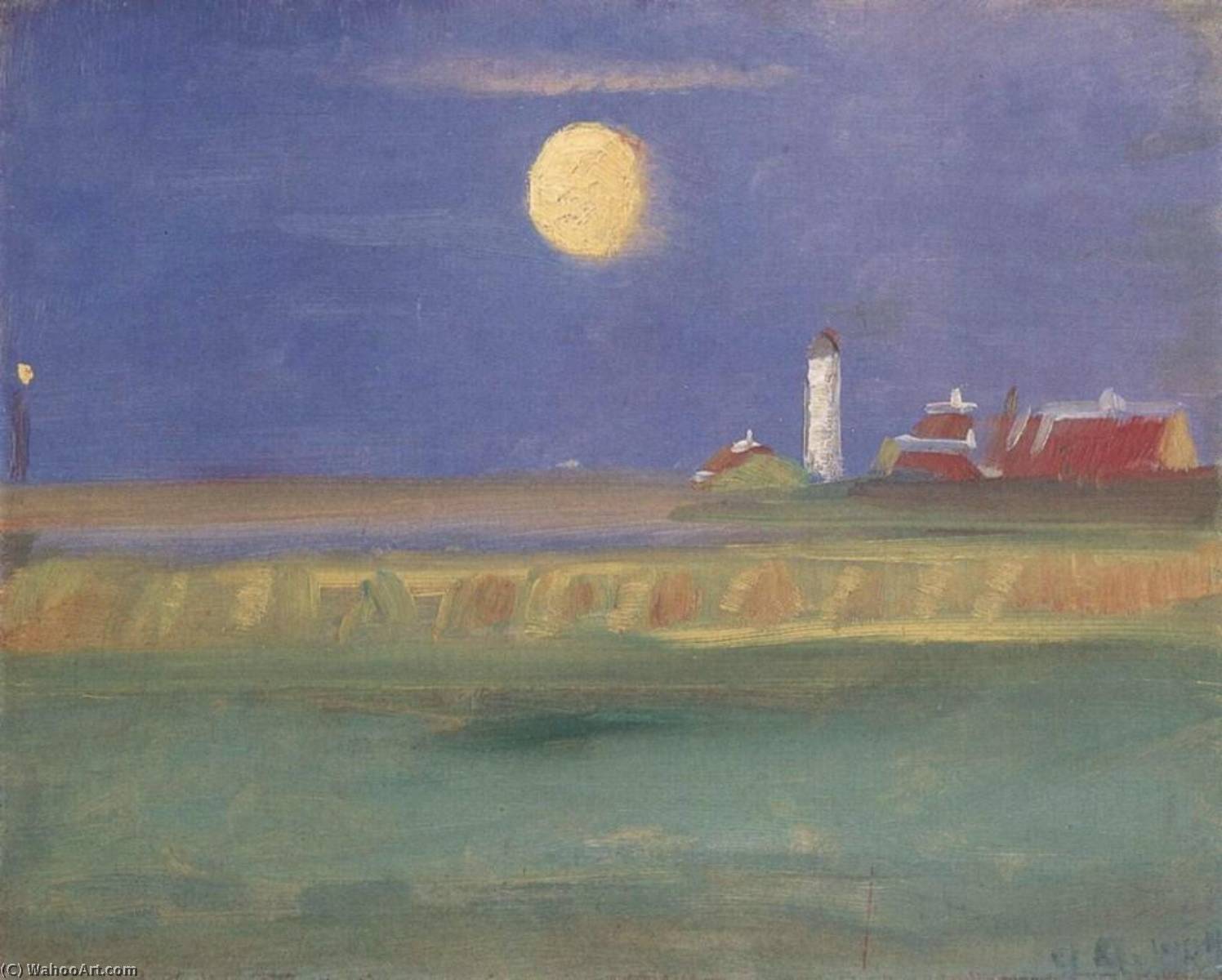 Wikioo.org - The Encyclopedia of Fine Arts - Painting, Artwork by Anna Kirstine Ancher - Måneskinsaften. Fyrtårn English Moon Evening. Lighthouse