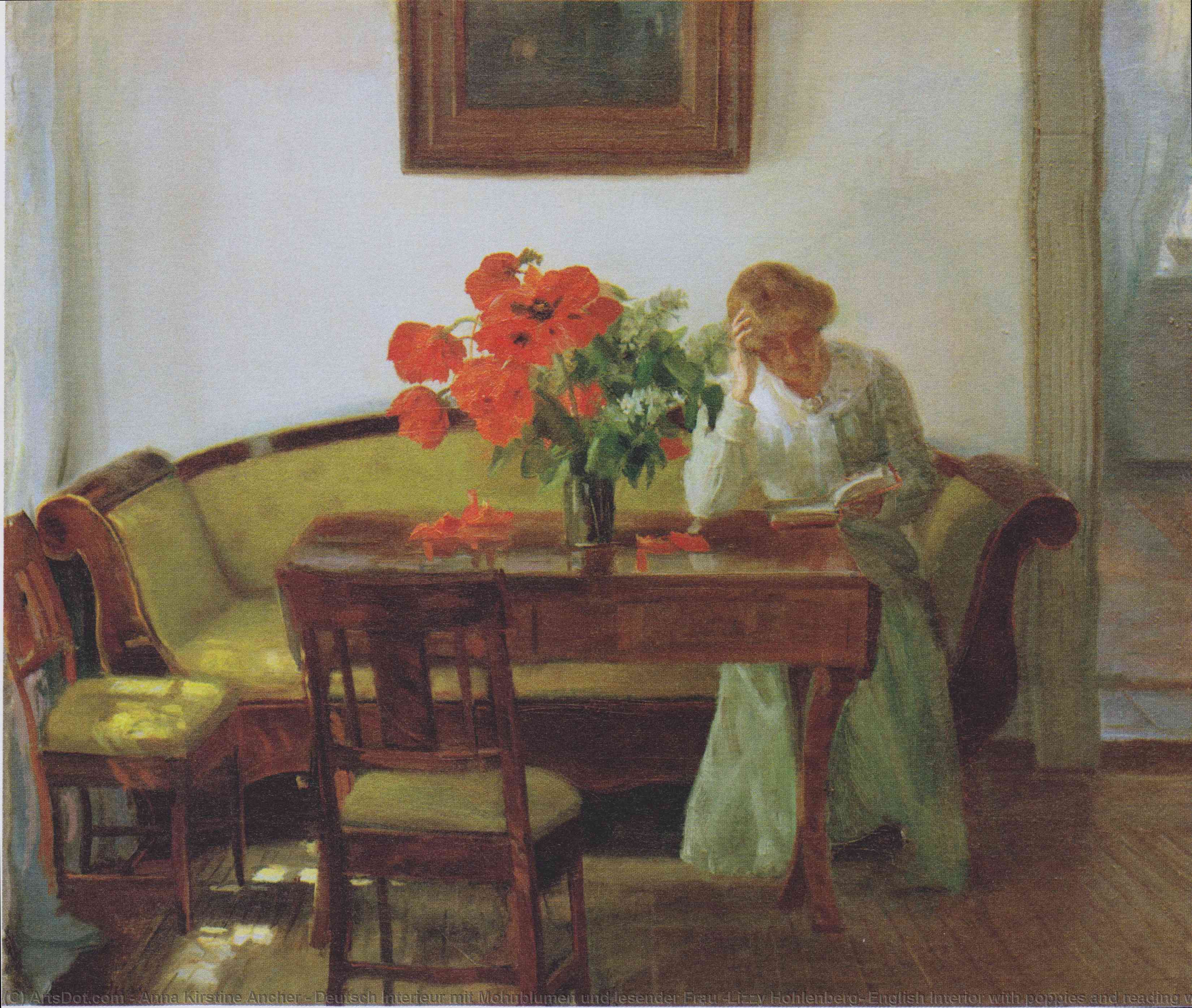 Wikioo.org - The Encyclopedia of Fine Arts - Painting, Artwork by Anna Kirstine Ancher - Deutsch Interieur mit Mohnblumen und lesender Frau (Lizzy Hohlenberg) English Interior with poppies and reading woman (Lizzy Hohlenberg)