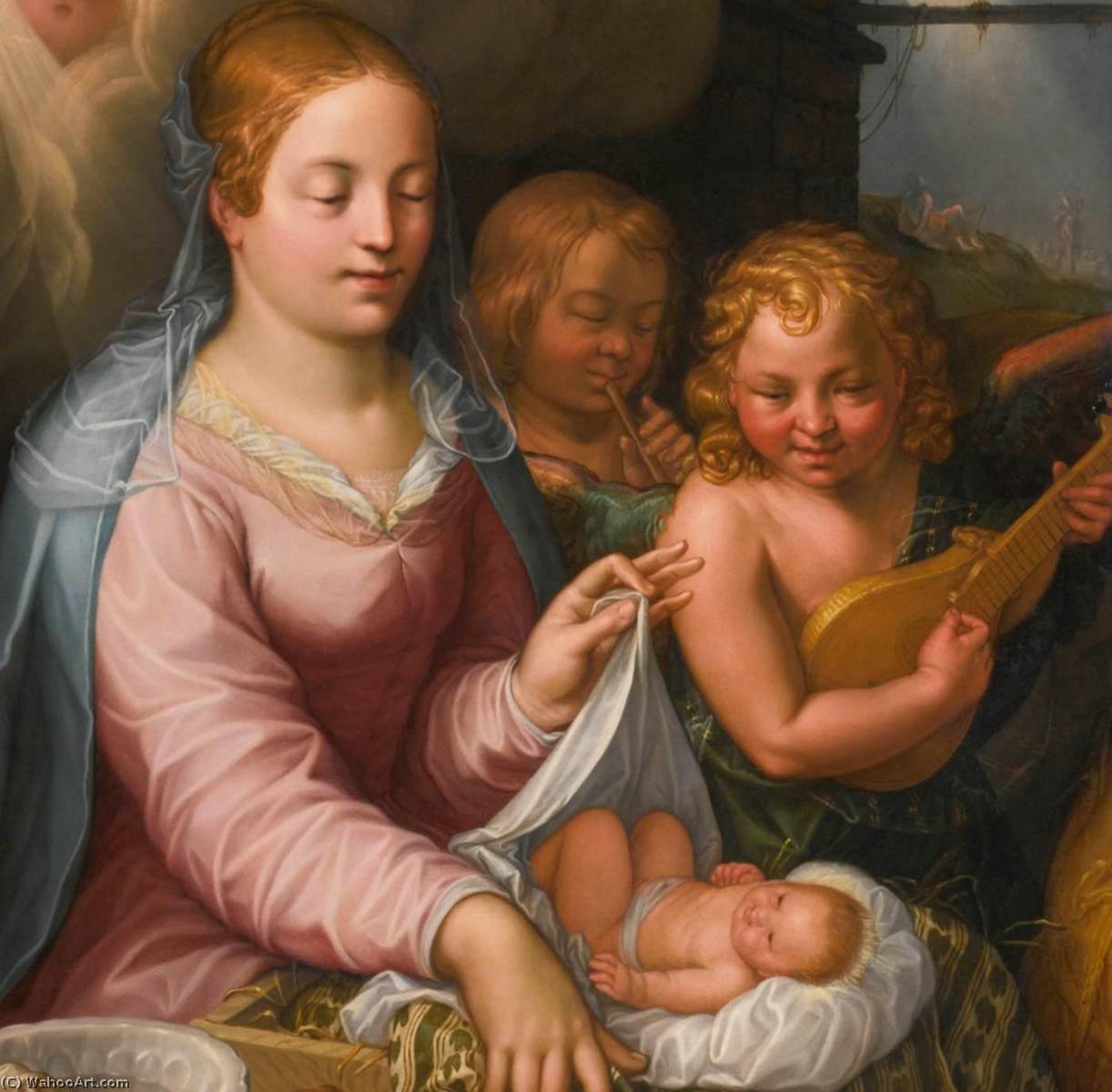 Wikioo.org – La Enciclopedia de las Bellas Artes - Pintura, Obras de arte de Hendrik Goltzius - virgen y el niño enestado  Los ángeles  Detalle
