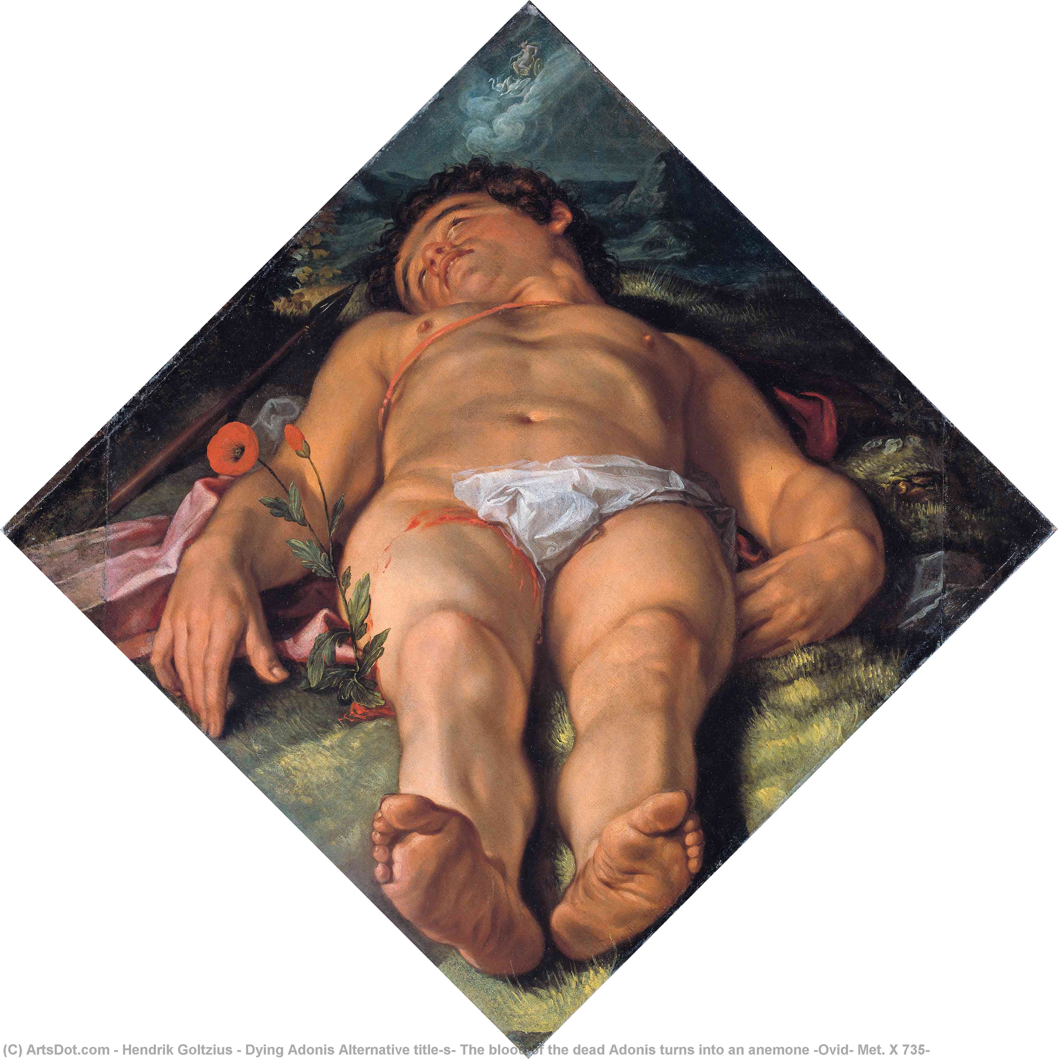 Wikioo.org - The Encyclopedia of Fine Arts - Painting, Artwork by Hendrik Goltzius - Dying Adonis Alternative title(s) The blood of the dead Adonis turns into an anemone (Ovid, Met. X 735)