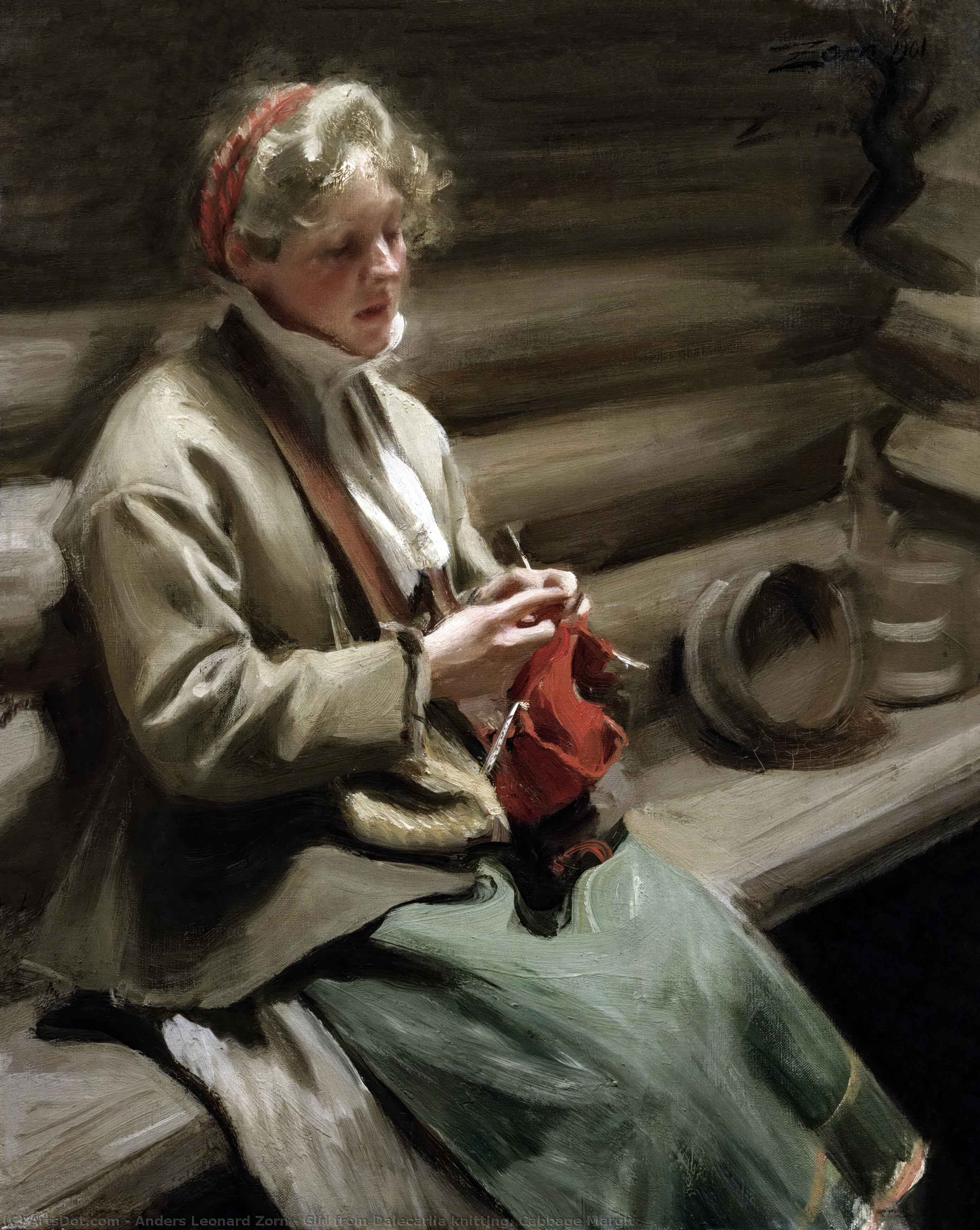 Wikioo.org - The Encyclopedia of Fine Arts - Painting, Artwork by Anders Leonard Zorn - Girl from Dalecarlia knitting. Cabbage Margit