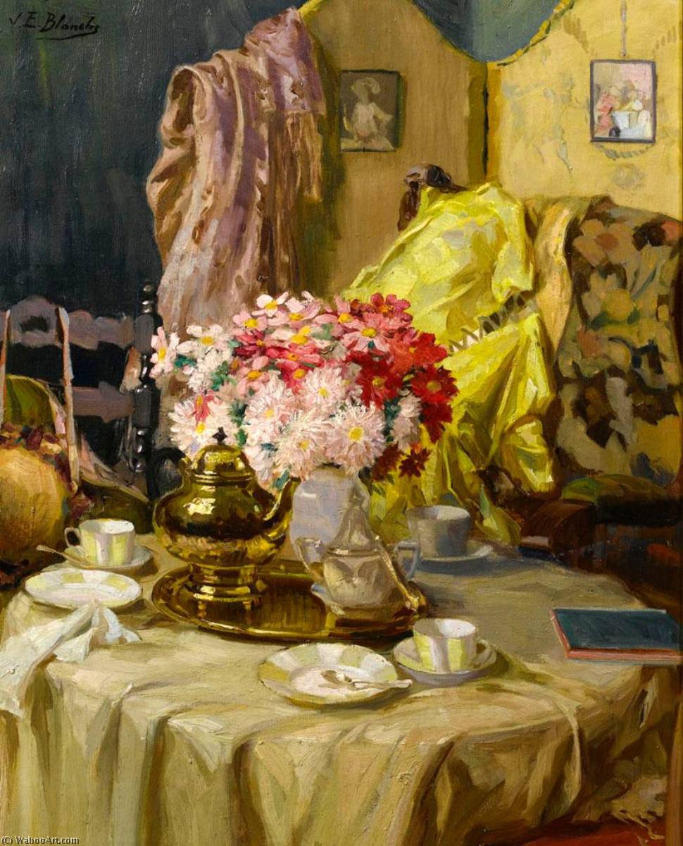 Wikioo.org - The Encyclopedia of Fine Arts - Painting, Artwork by Jacques-Emile Blanche - Interior with flowers and tea set