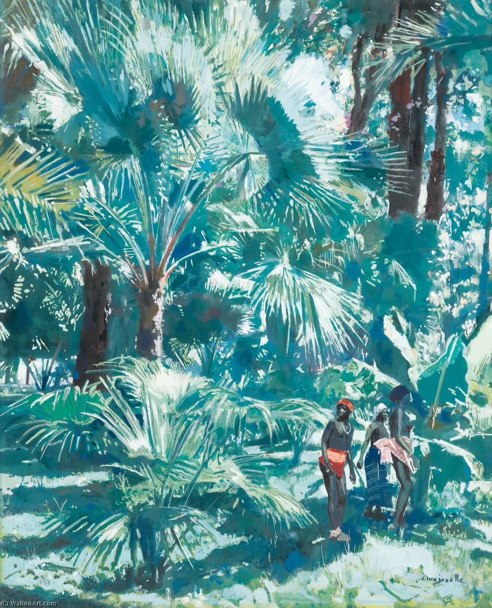 Wikioo.org - The Encyclopedia of Fine Arts - Painting, Artwork by Jacques Majorelle - Trois africaines dans une végétation luxuriante