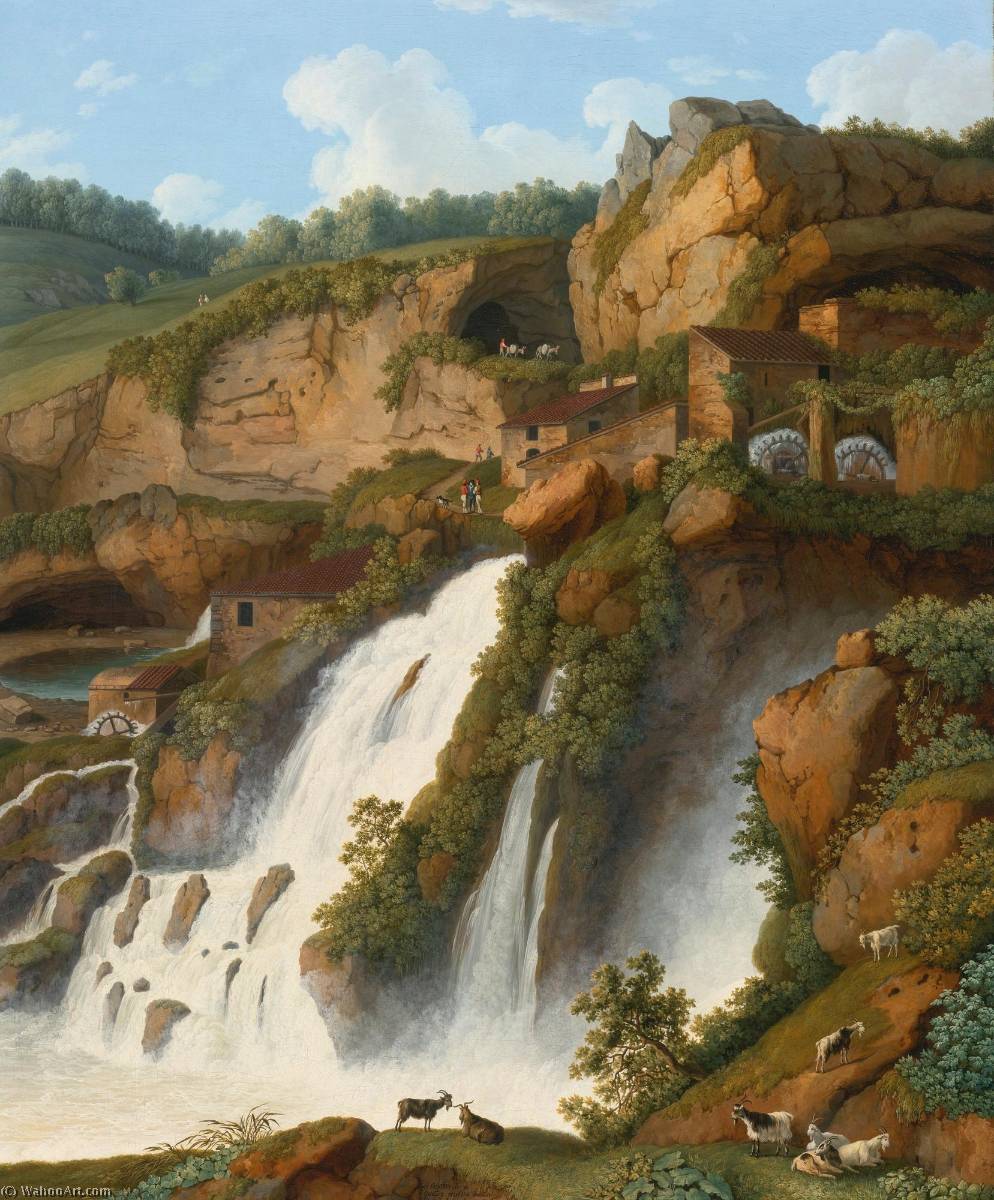 Wikioo.org – La Enciclopedia de las Bellas Artes - Pintura, Obras de arte de Jakob Philipp Hackert - Vista de la cascada en el Anitrella con las cabras pasto cerca